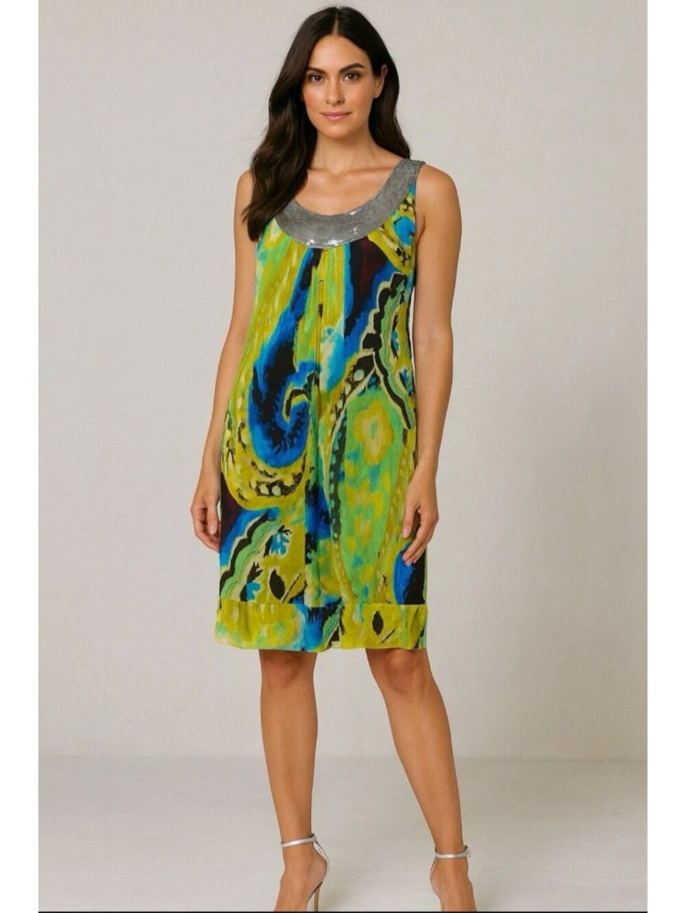 SoCa St. John 100% Silk Multicolor Sequin Zipper Back Dress Size M Blue Green